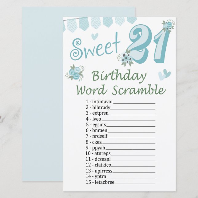 21e Anniversaire Jeu de course de mots (Devant / Derrière)