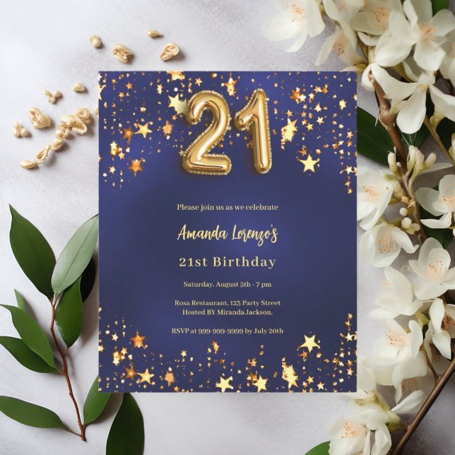 21e anniversaire marine bleu or étoiles invitation (Créateur téléchargé)