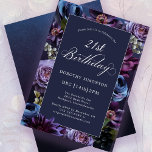 21e anniversaire Moody Purple Flower Invitation<br><div class="desc">Des fleurs mauves moody créent une bordure luxuriante sur cette invitation de fête de 21 ans. Des côtelettes de bleu poussiéreux et de blanc d'ivoire viennent compléter l'étalage floral. Un arrière - plan sombre ajoute à l'humeur et fait apparaître le texte blanc. Le script de calligraphie traditionnel lui donne une...</div>