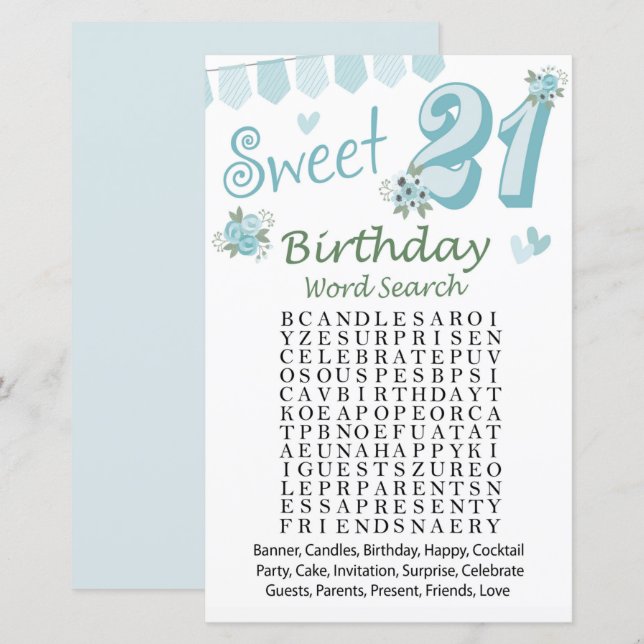 21e Anniversaire Mot de recherche Jeu (Devant / Derrière)