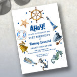 21e anniversaire Nautique été 2024 Invitation<br><div class="desc">Les invitations d'anniversaire à thème nautique sont un thème chaud pour l'été 2024. Ce design fantaisiste est parfait pour un 21ème anniversaire. Il comprend des articles de voile tels que une roue de navire, la cloche de navire et l'ancre. Des objets d'inspiration océanique comme une étoile de mer et un...</div>