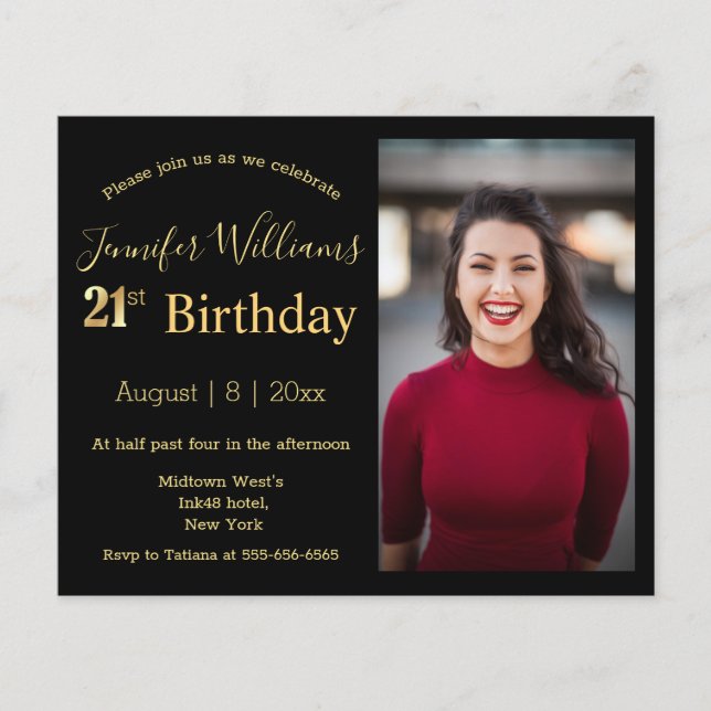 21e anniversaire noir or invitation photo (Devant)