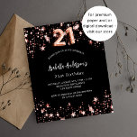 21e anniversaire noir rose or budget invitation<br><div class="desc">Un arrière - plan noir classique,  décoré d'étoiles dorées roses. Personnalisez et ajoutez un nom et des détails du parti. Le numéro 21 est écrit avec un script de style ballon. 1 feuille = 1 invite imprimé bord à bord.</div>