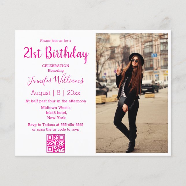 21e anniversaire photo qr code invitation rose (Devant)