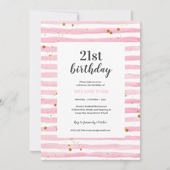 21e anniversaire Pink Stripe Party Invitation (Devant)