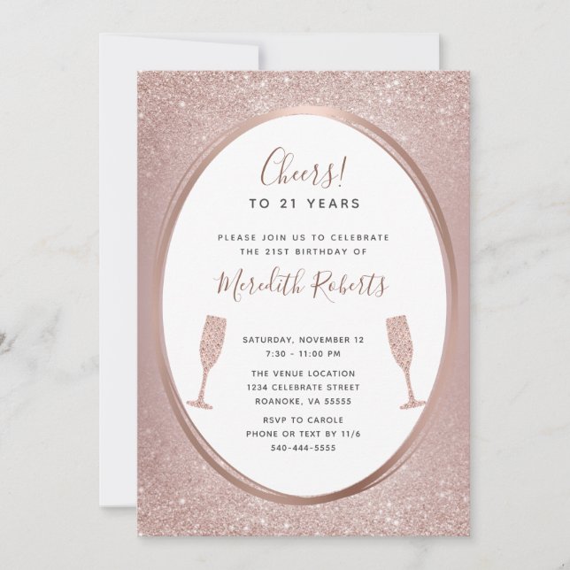 21e anniversaire Rose Gold Champagne Party Invitat (Devant)