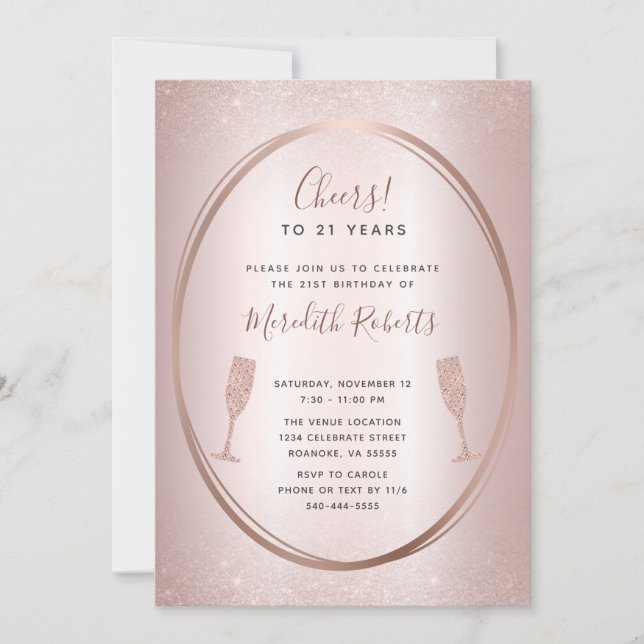 21e anniversaire Rose Gold Champagne Party Invitat (Devant)
