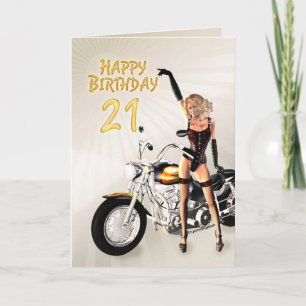 21e carte d'anniversaire avec une fille de moto