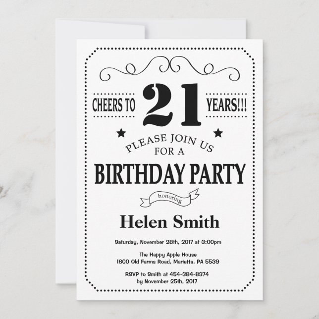21e Invitation anniversaire Noir et blanc (Devant)