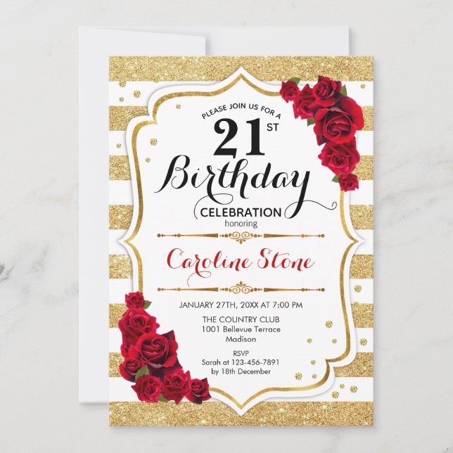 21e Invitation Anniversaire Or White Stripes Roses (Devant)