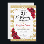 21e Invitation Anniversaire Or White Stripes Roses<br><div class="desc">21e anniversaire invitation de fête. Design floral élégant en or blanc et rouge. Caractéristiques fausse parties scintillant or et bandes blanches,  police de script et roses rouges. Parfait pour une fête d'anniversaire pour adultes.</div>