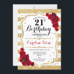 21e Invitation Anniversaire Or White Stripes Roses<br><div class="desc">21e anniversaire invitation de fête. Design floral élégant en or blanc et rouge. Caractéristiques fausse parties scintillant or et bandes blanches,  police de script et roses rouges. Parfait pour une fête d'anniversaire pour adultes.</div>