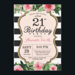 21e Invitation d'anniversaire. Noir d'or rose flor<br><div class="desc">21e Invitation d'anniversaire pour les femmes. Invitation de la fête d'anniversaire Black and Gold. Parties scintillant d'or. Fleur florale d'aquarelle rose. Grandes taches noires et blanches. Numérique imprimable.
Pour plus de personnalisation,  cliquez sur le bouton "Customiser" et utilisez notre outil de conception pour modifier ce modèle.</div>