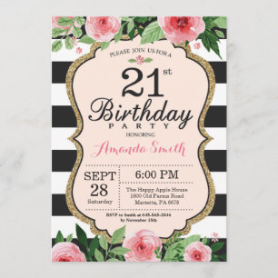 21e Invitation d'anniversaire. Noir d'or rose flor