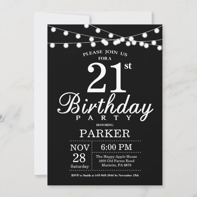 21e Invitation d'anniversaire noir et blanc (Devant)
