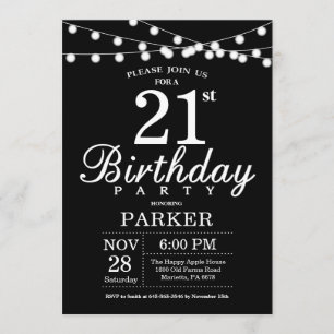 21e Invitation d'anniversaire noir et blanc