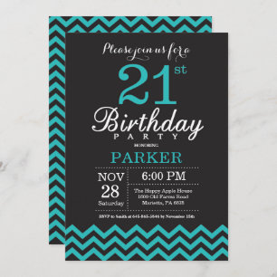 21e Invitation d'anniversaire Noir et Turquoise