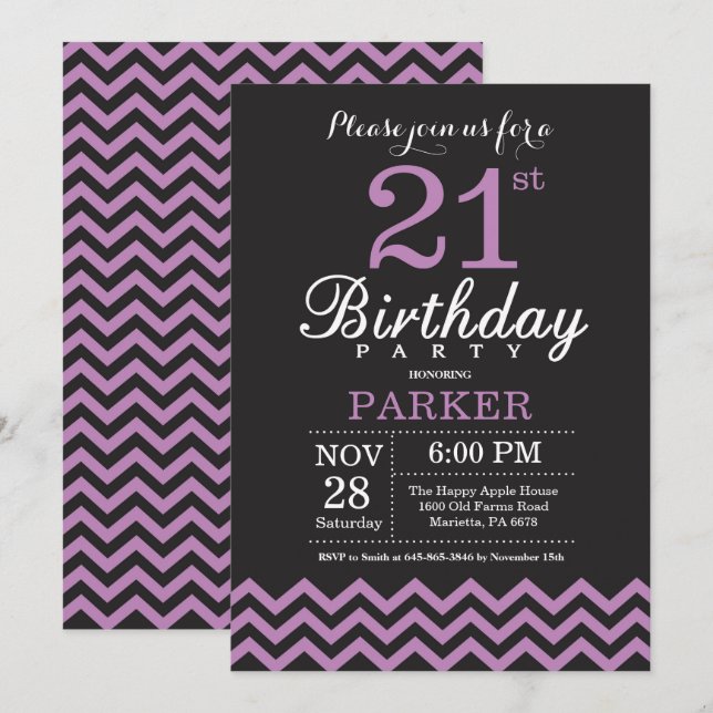 21e Invitation d'anniversaire Noir et Violet (Devant / Derrière)