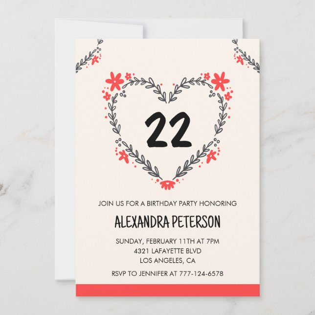 22e anniversaire invitations pour son coeur floral (Devant)
