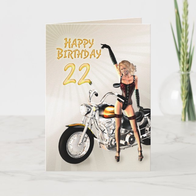 22e carte d'anniversaire avec une fille de moto (Devant)