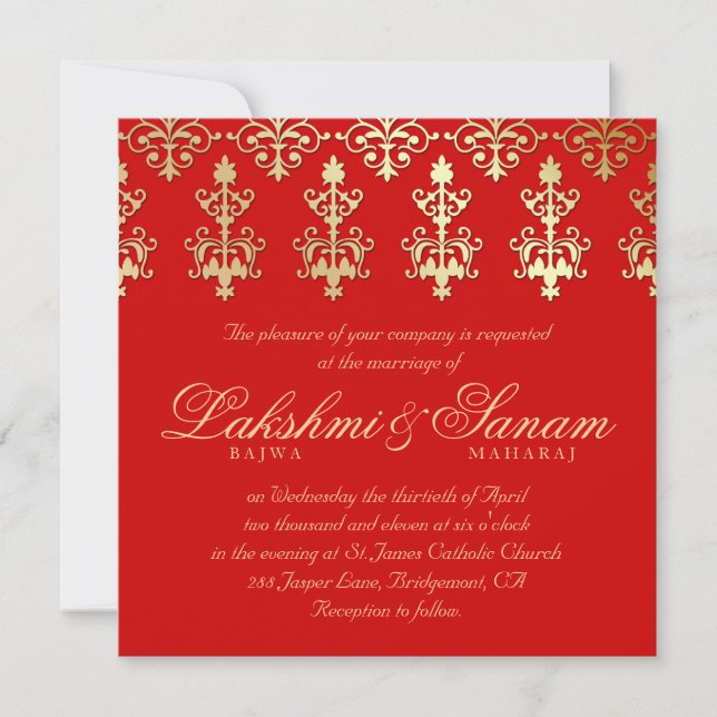 232 Invitation Mariage Indien Damassé Or Automne R (Devant)