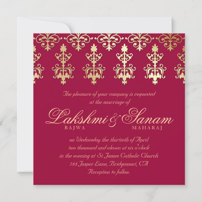 232 Invitation Mariage Indien Damassé Or Automne V (Devant)