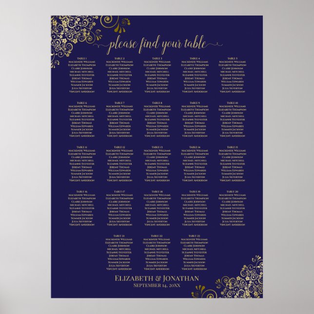 23 Tableau Marine Blue & Gold Mariage Seating Char (Devant)