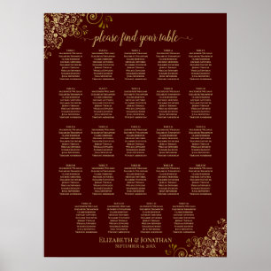 24 Tableau Gold & Auburn Brown Mariage Siège Graph