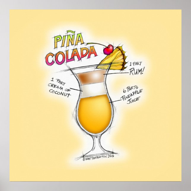 24" X 24" POSTER - PINA COLADA RECETTE COCKTAIL AR (Devant)
