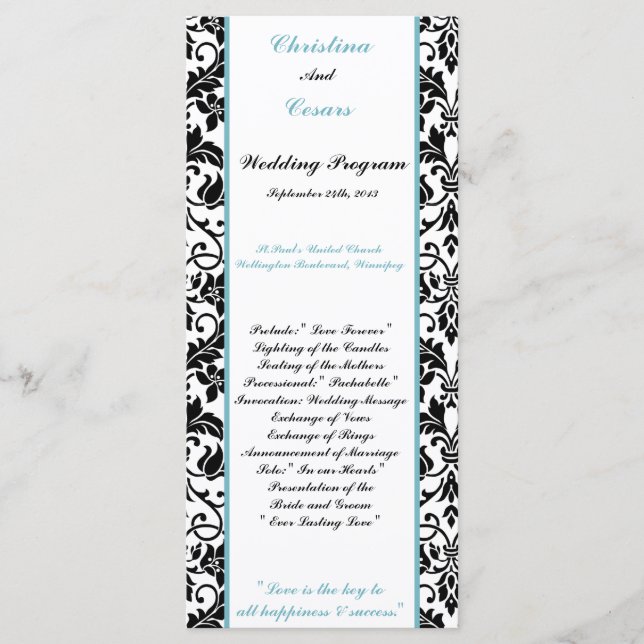 25 4x9 Programme de mariage Black Damask Baby Blue (Devant)