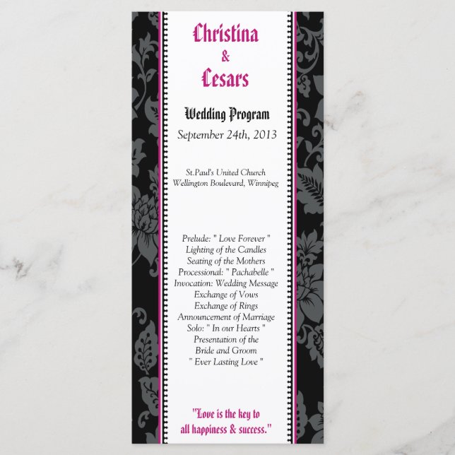25 4x9 Programme de mariage Black Floral Hot Pink  (Devant)