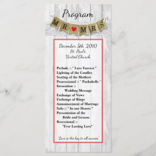 25 4x9 Programme de mariage Burlap M. et Mme Banne