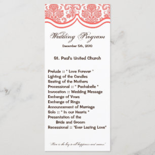 25 4x9 Programme de mariage Coral Pin Blanc Damas