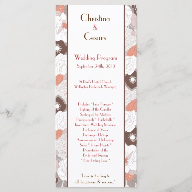 25 4x9 Programme de mariage Coral rose Brown flora (Devant)