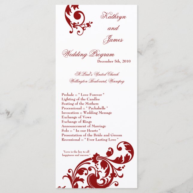 25 4x9 Programme de mariage Crimson Red Floral Fil (Devant)