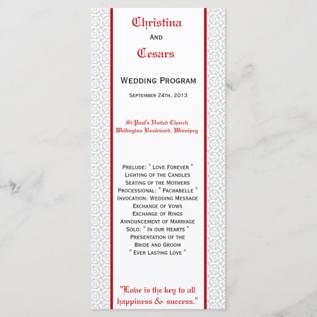 25 4x9 Programme de mariage Gris Rouge Formel Impr (Devant)
