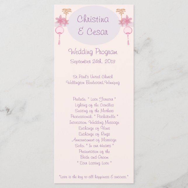 25 4x9 Programme de mariage Lanterne/Fleurs rose v (Devant)