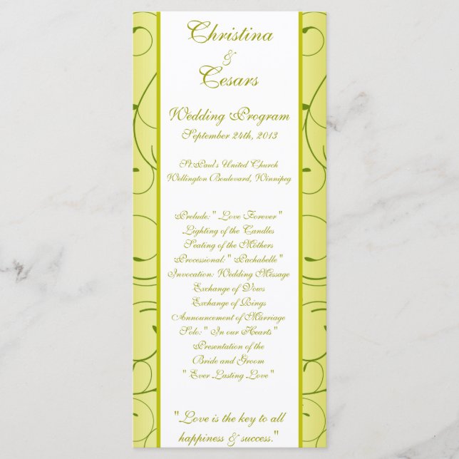 25 4x9 Programme de mariage Lime Green Pear Swirls (Devant)