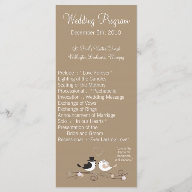 25 4x9 Programme de mariage Mariage Birds Bride Gr (Devant)