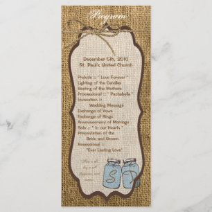 25 4x9 Programme de mariage Mason Jar Burlap Pays