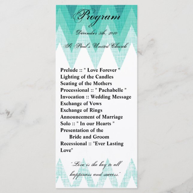 25 4x9 Programme de mariage Ombre Turquoise Chevro (Devant)