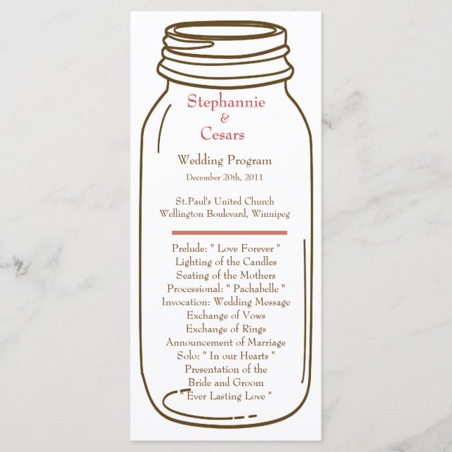25 4x9 Programme de mariage Rose/Brown Mason Jar (Devant)
