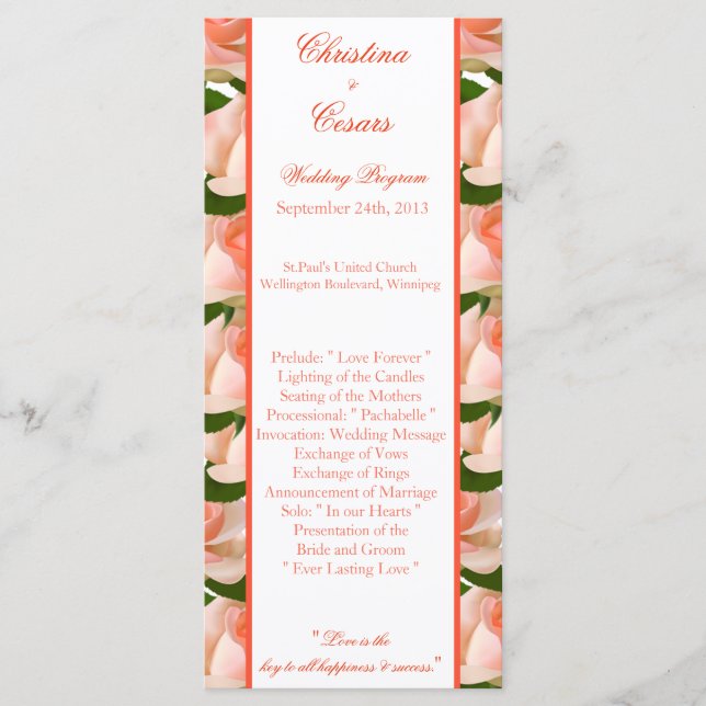 25 4x9 Programme de mariage Rose/Pêche Rose avec F (Devant)