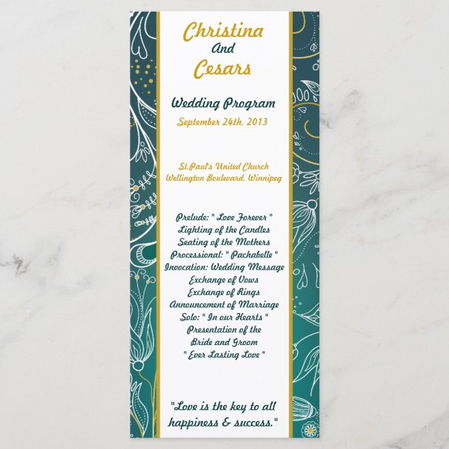 25 4x9 Programme de mariage Turquoise/Jaune Mustar (Devant)