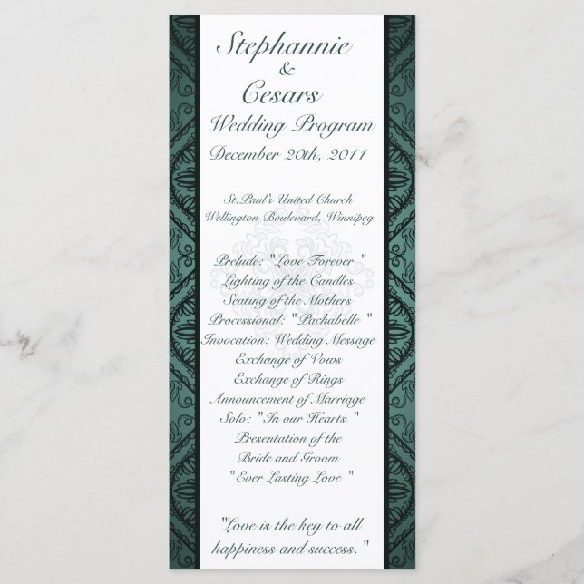 25 4x9 Programme de mariage Turquoise Ornate Damas (Devant)