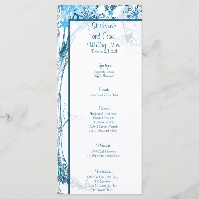 25 Cartes de menu Arbre bleu / Snowflakes (Devant)