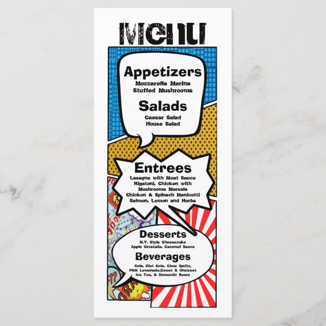 25 Cartes de menu Bande dessinée Livre Pop Art Car (Devant)