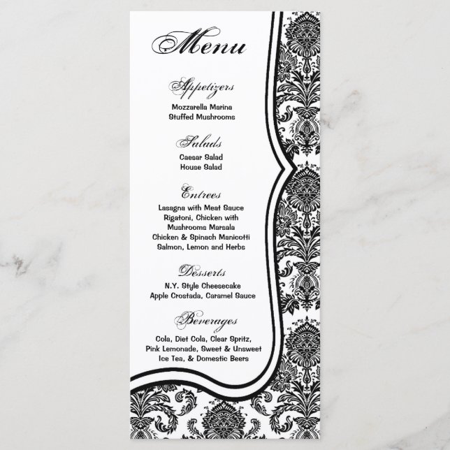 25 Cartes de menu Black White Damask Lace Patter (Devant)