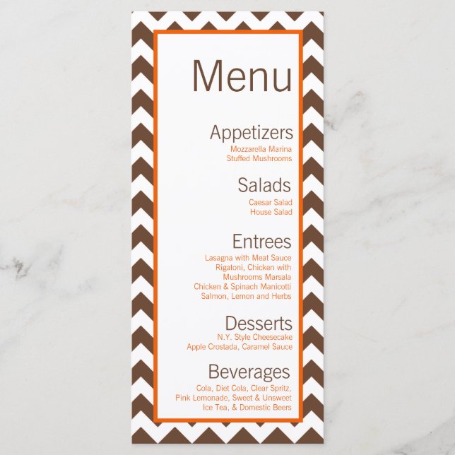 25 Cartes de menu Brown Orange Chevron Nom Focus (Devant)