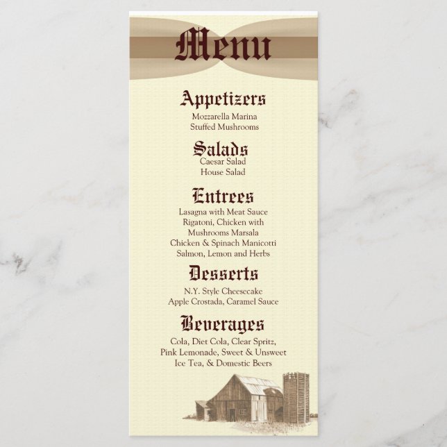25 Cartes de menu Campagne Vintage Grange Ferme Si (Devant)